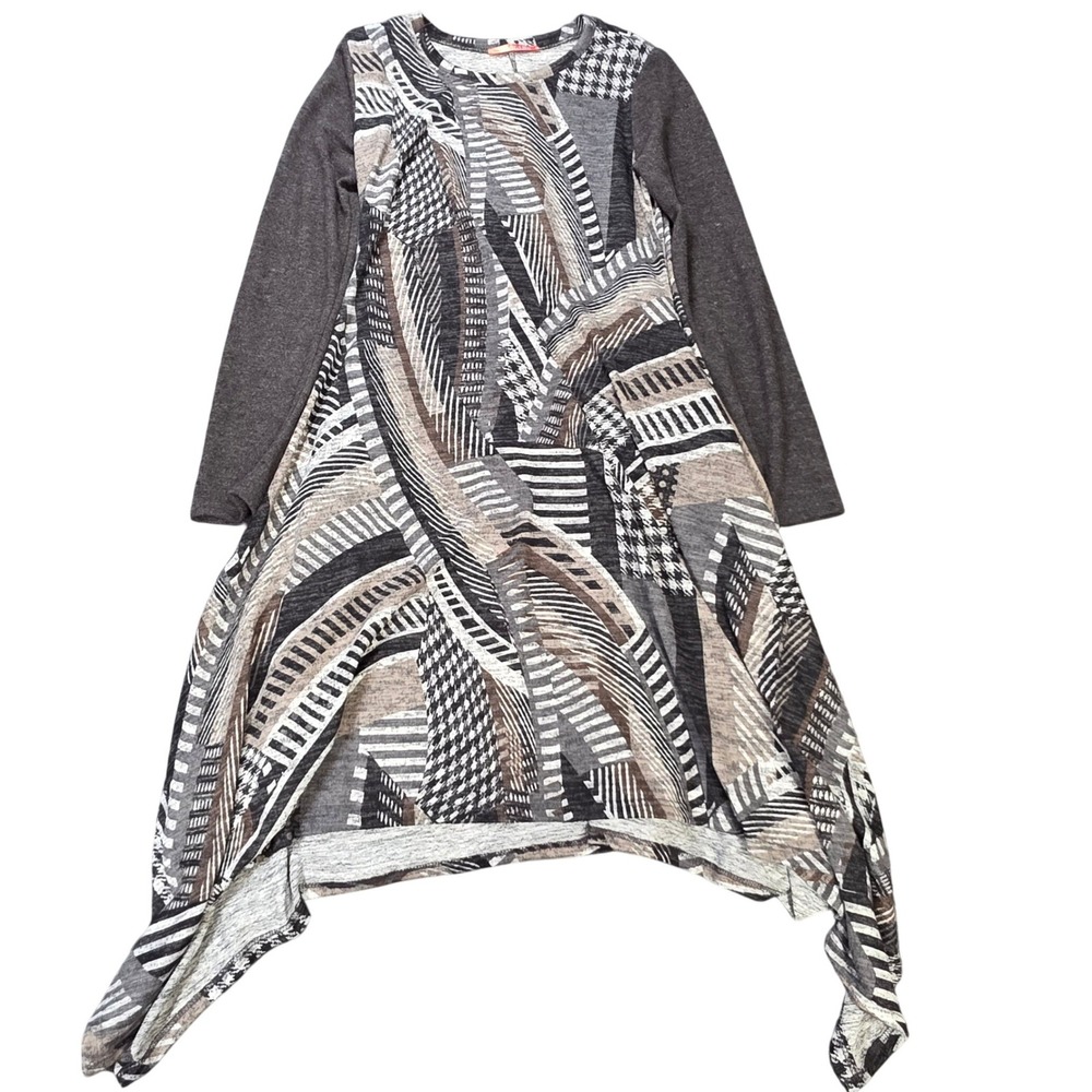 PaoLiNo Tunic Dress Women's Size L Gray Black Abstract Geometric Sharkbite USA